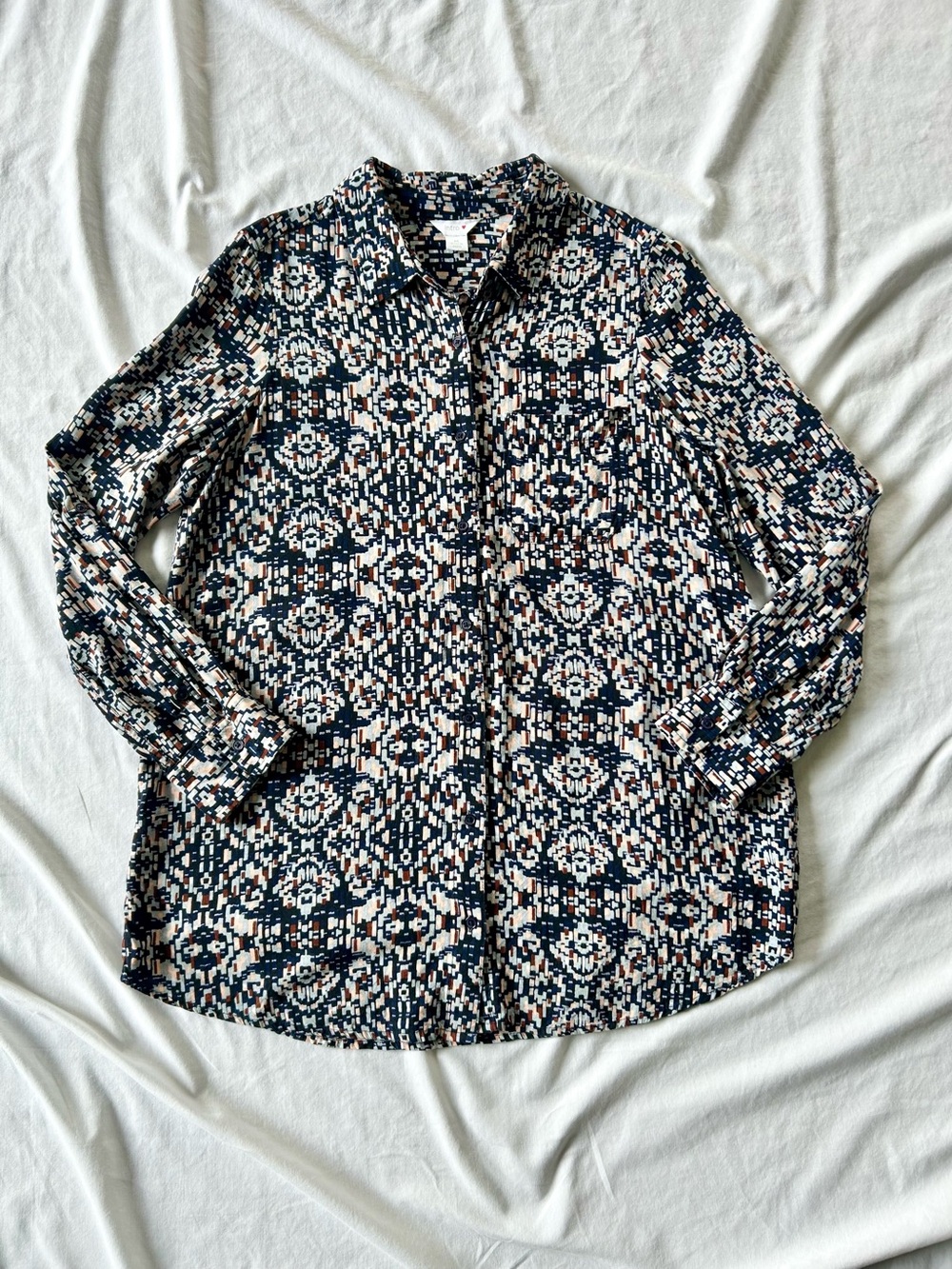 Intro Long Sleeve Button Down Pixilated Bohemian Print Blouse
